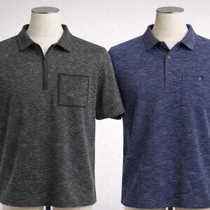 Bundle (2) Express Men’s Stretch Polos Size M – Short Sleeve Heather Gray & Navy
